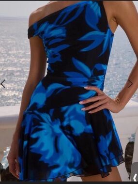 One-Shoulder Blue Floral Skater Dress